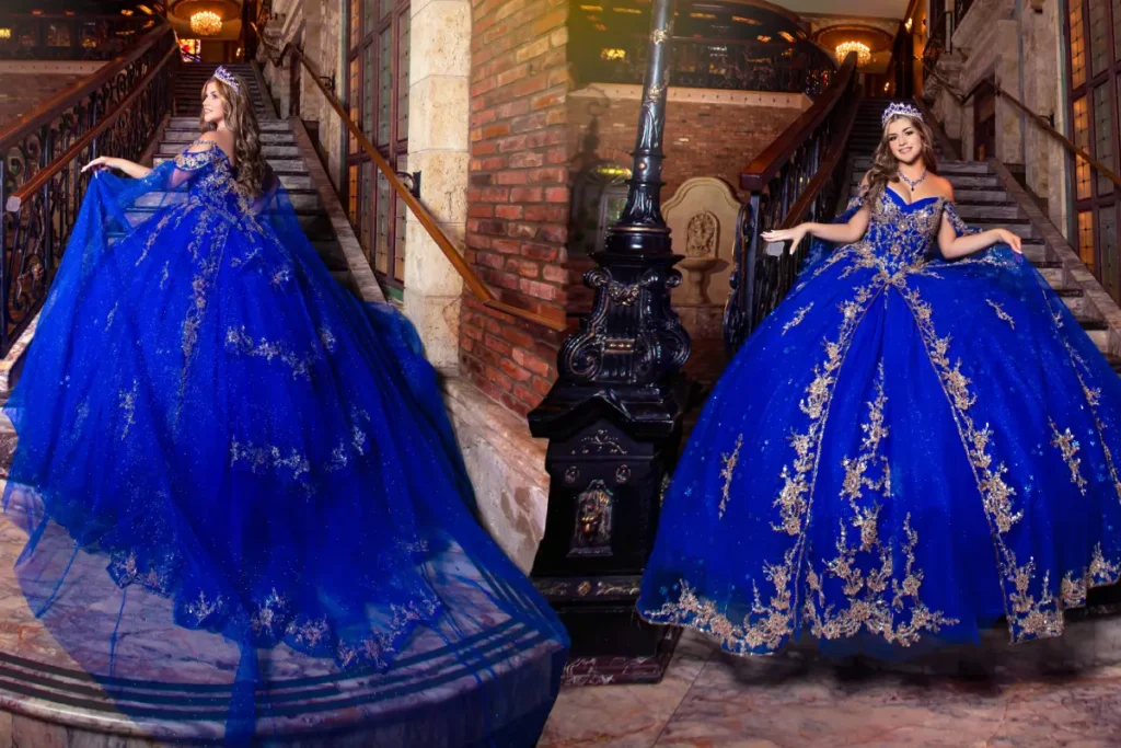 Castle quinceanera shoot at The Cruz Building: royal blue ballgown with gold details on marble stairs and brick walls.