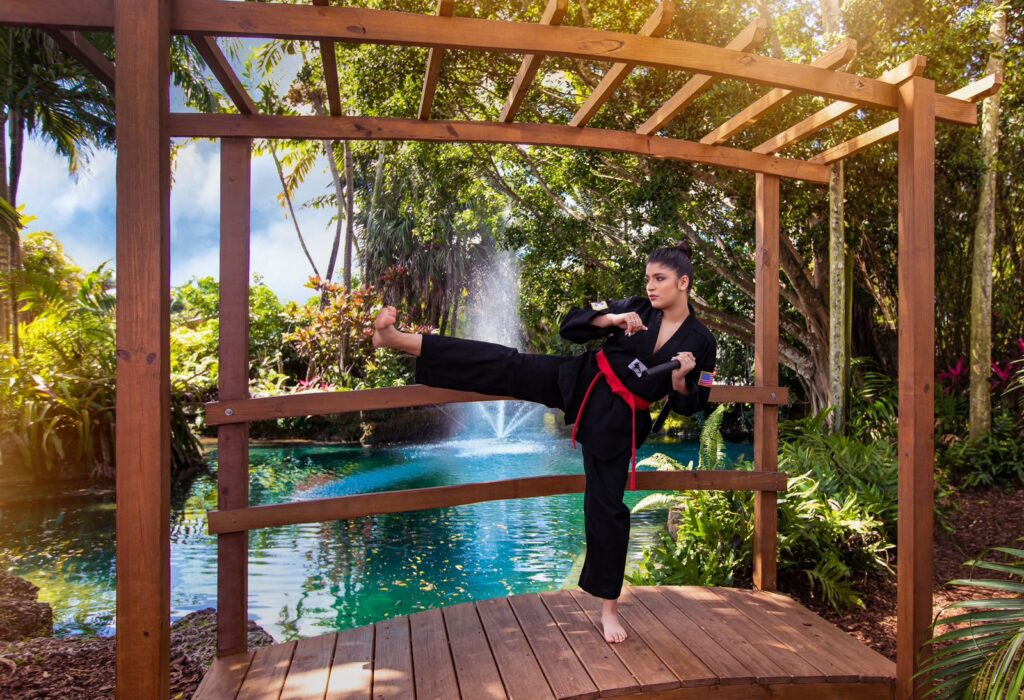 Karate-inspired quinceañera photoshoot — martial arts strength and elegance.