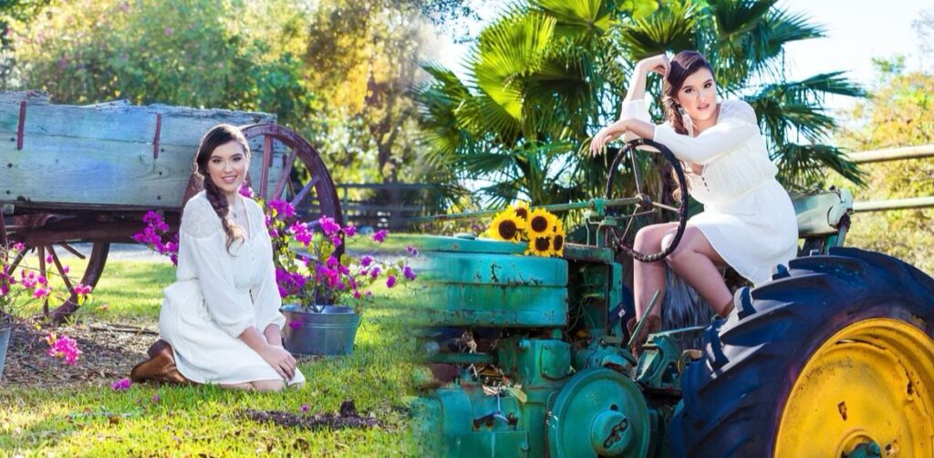 Country-style quinceañera photoshoot with rustic tractor and open field — capturing authentic Non-Typical Quinceañera Photography.